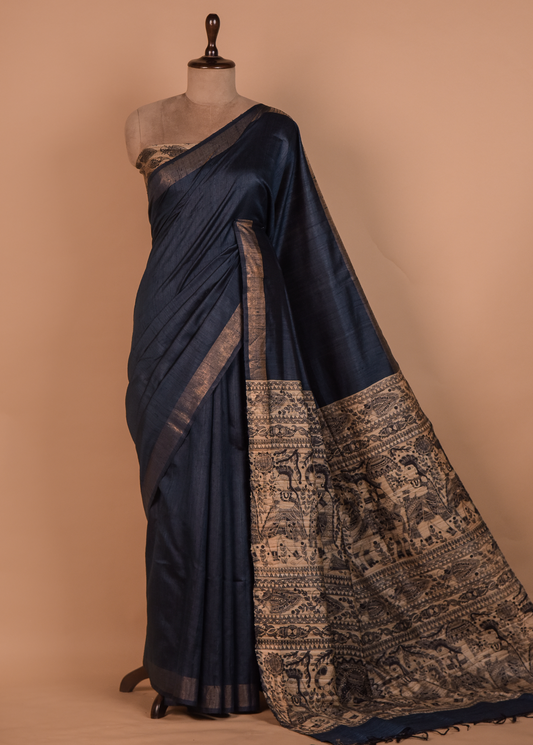 Blue Tussar Printed Saree