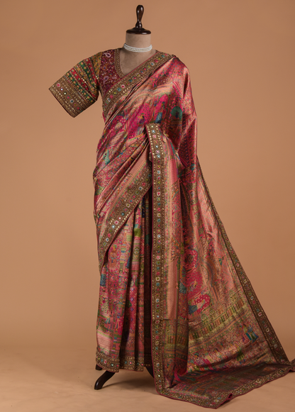 Pink Hand Embroidered Silk Saree