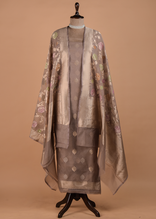 Grey Organza Cotton Dress Material