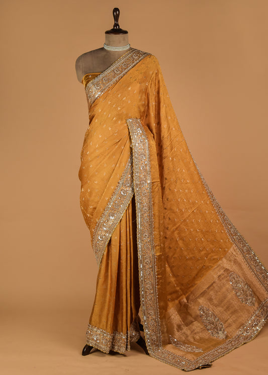 Yellow Tissue Crepe Embroidered Saree