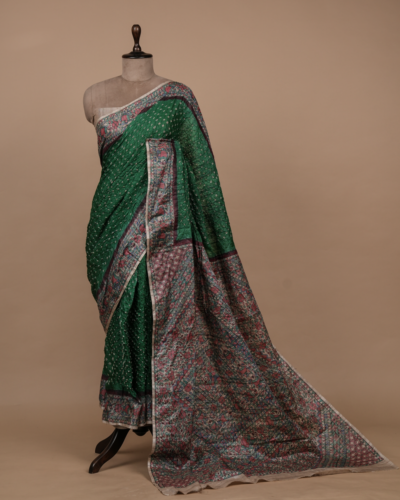 Green Tussar Bandhani Saree