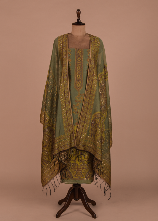 Green Mulmul Cotton Dress Material