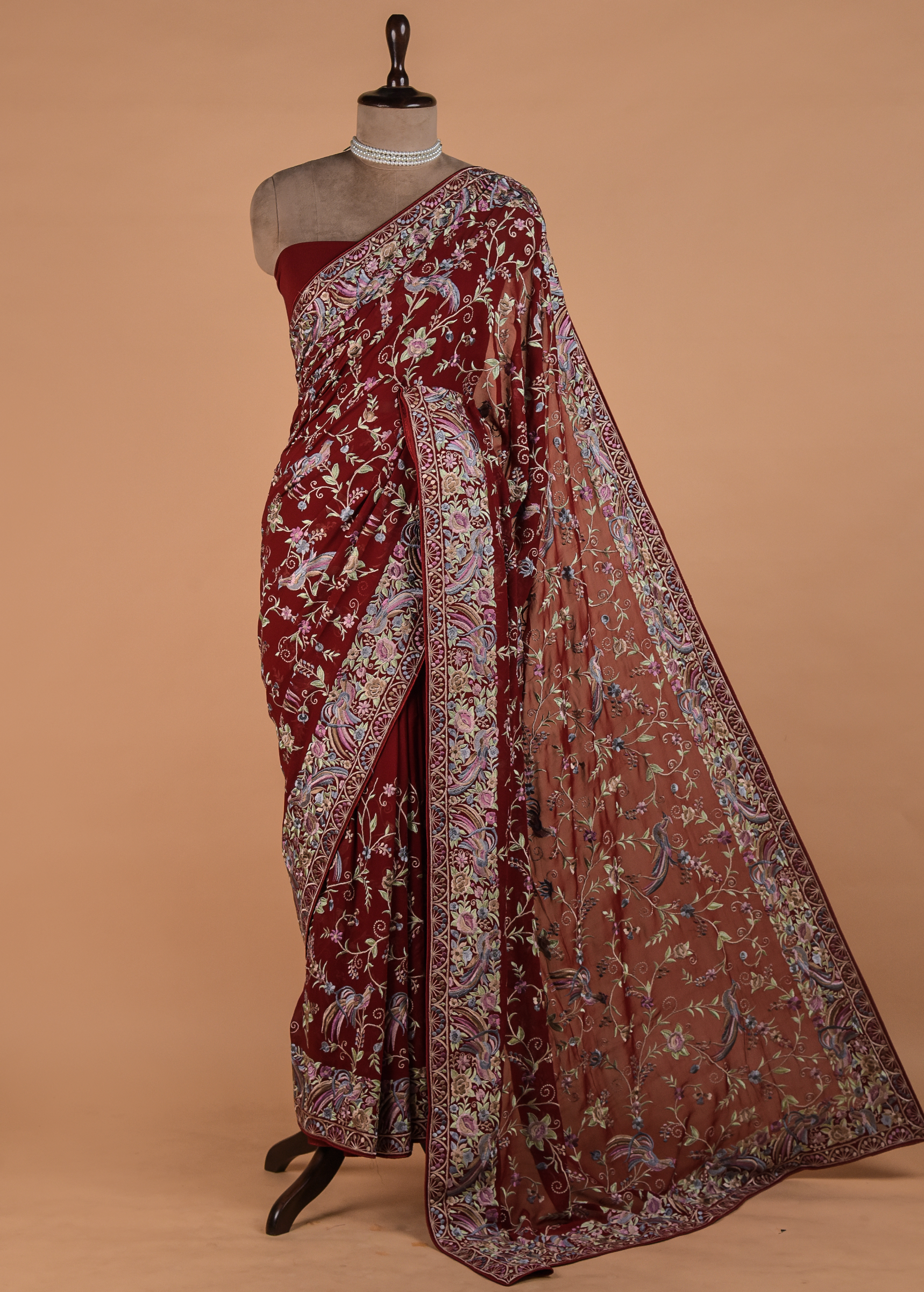 Red Hand Embroidered Georgette Saree | Greenways Delhi