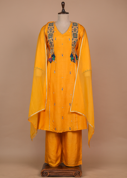 Yellow Cotton Silk Straight Set