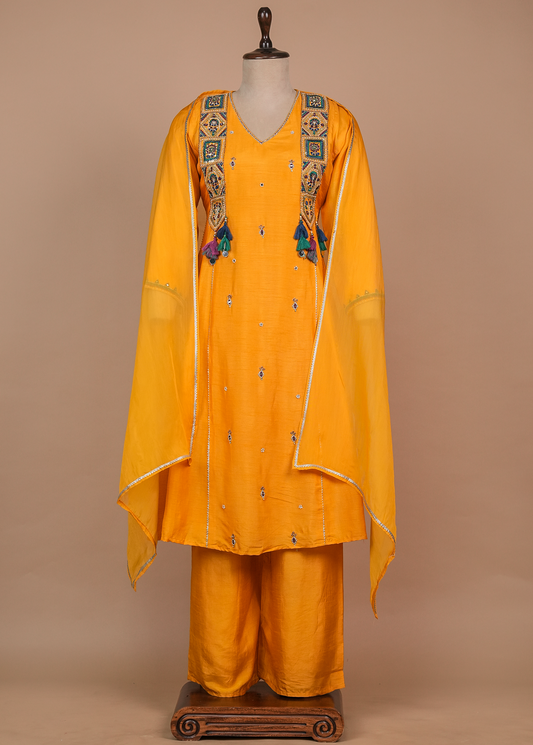 Yellow Cotton Silk Straight Set
