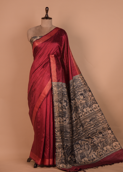 Red Tussar Printed Saree