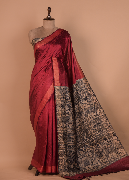 Red Tussar Printed Saree