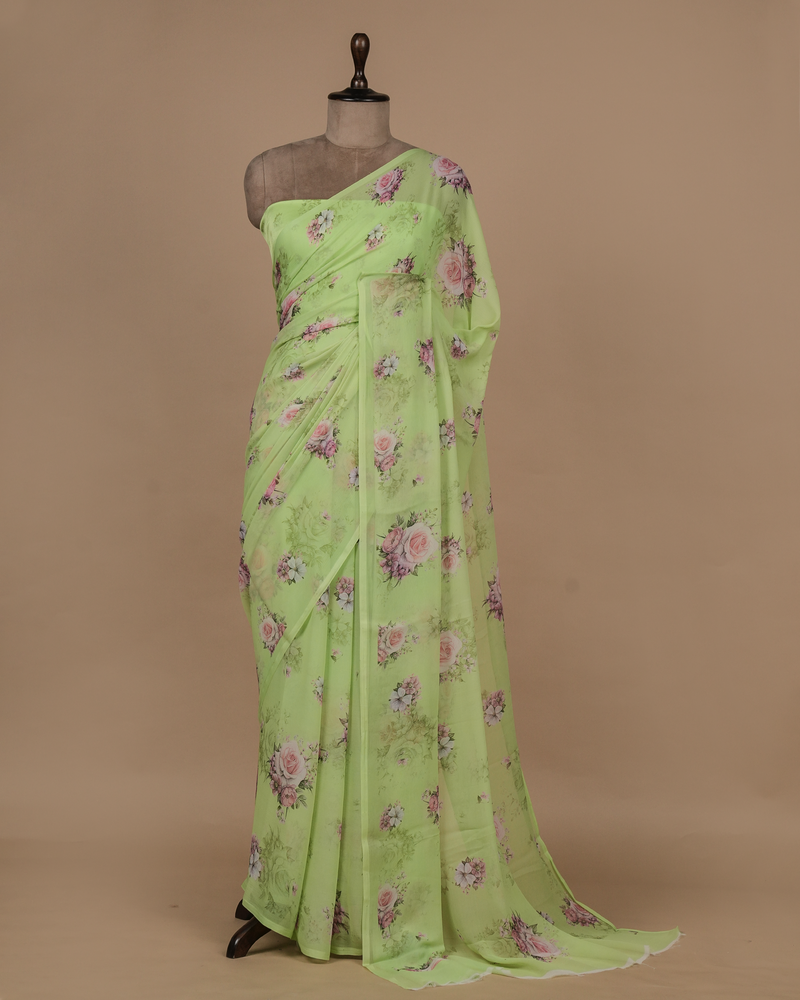 Green Chiffon Printed Saree