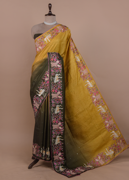Multicoloured Tussar Embroidered Saree