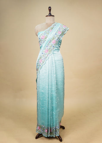 Blue Crushed Tissue Embroidered Saree