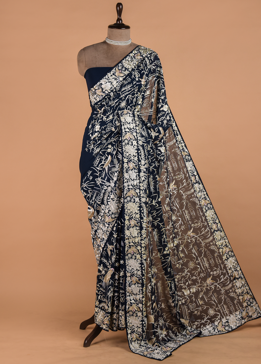 Blue Georgette Embroidered Saree