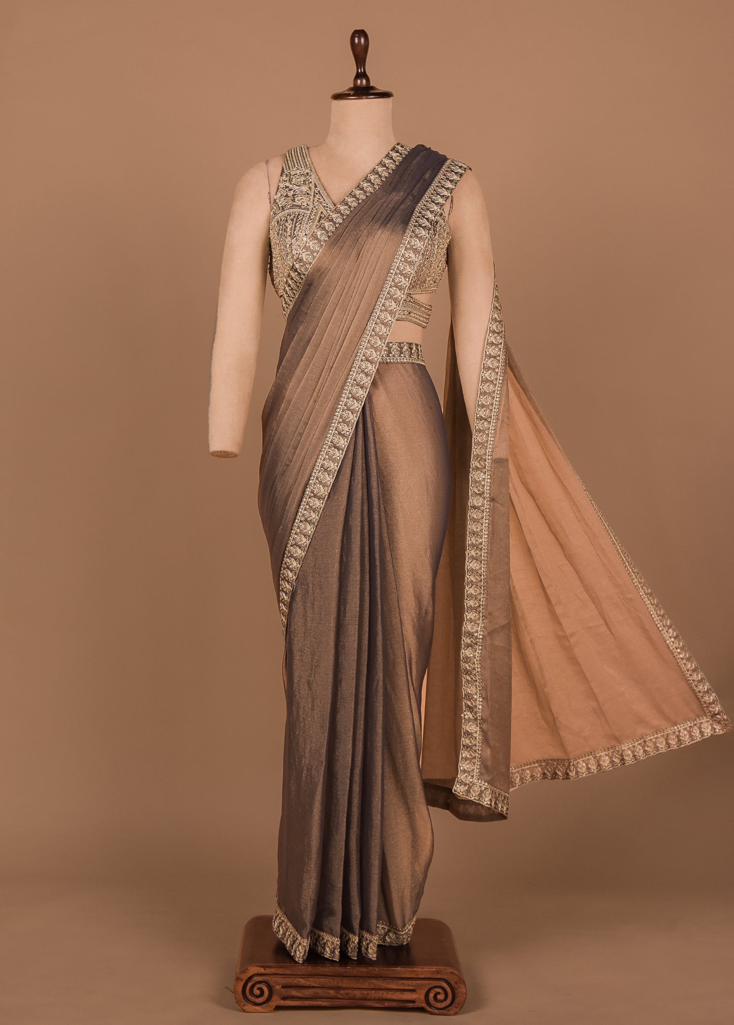 Brown Shamo Satin Readymade Saree
