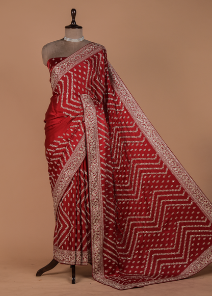Red Satin Embroidered Saree