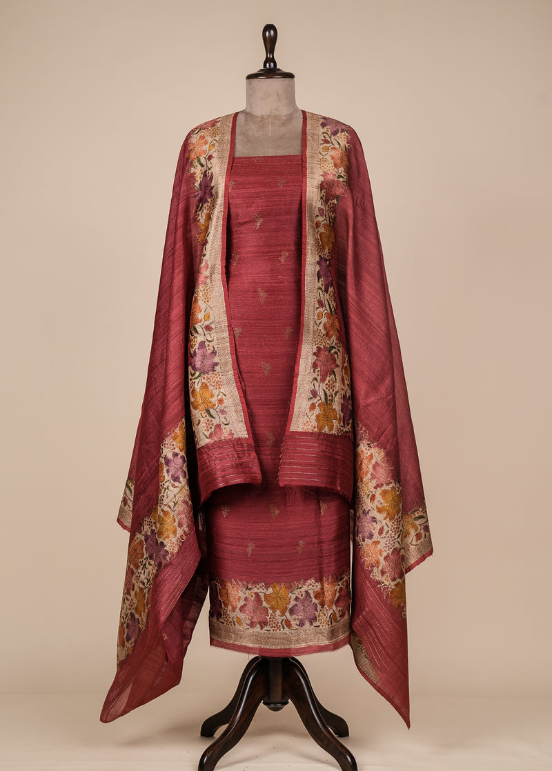 Red Tussar Dress Material