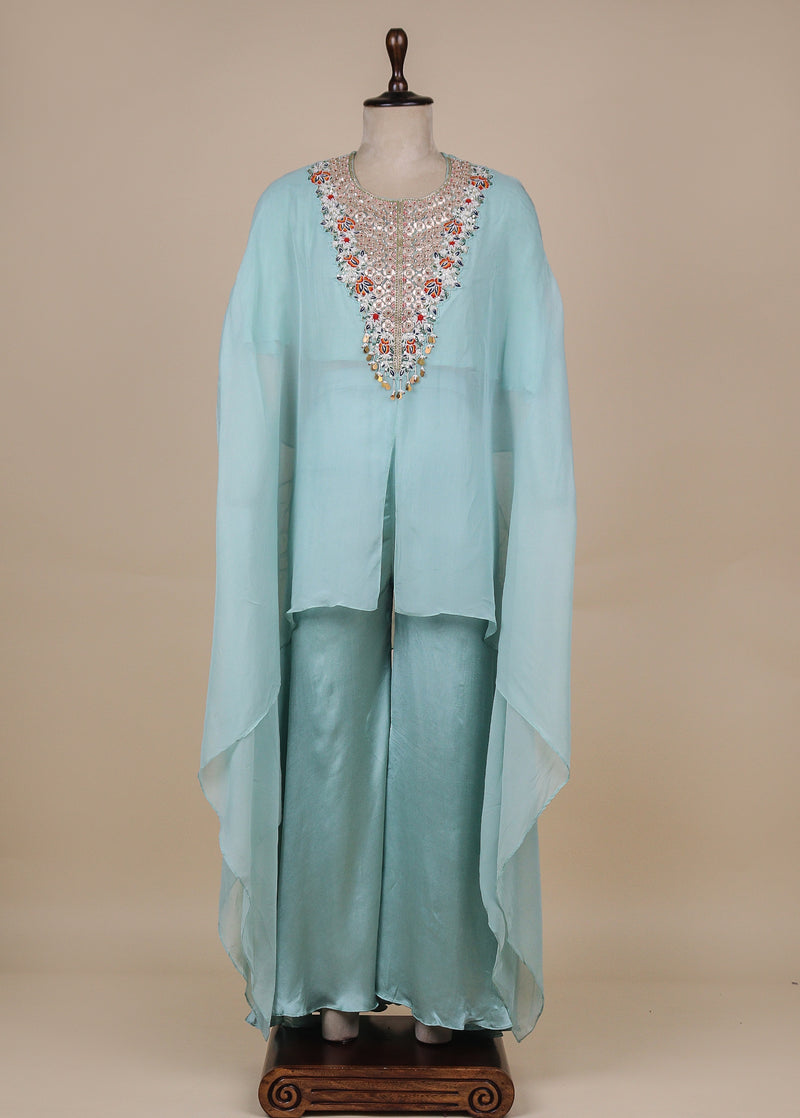 Blue Organza Satin Cape and Pants Set