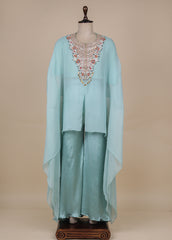 Blue Organza Satin Cape and Pants Set