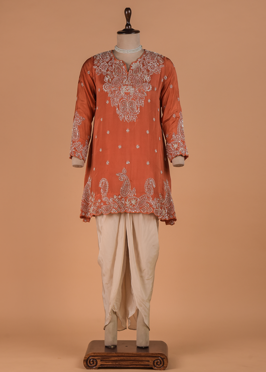 Orange Crepe Silk Dhoti Kurta Set