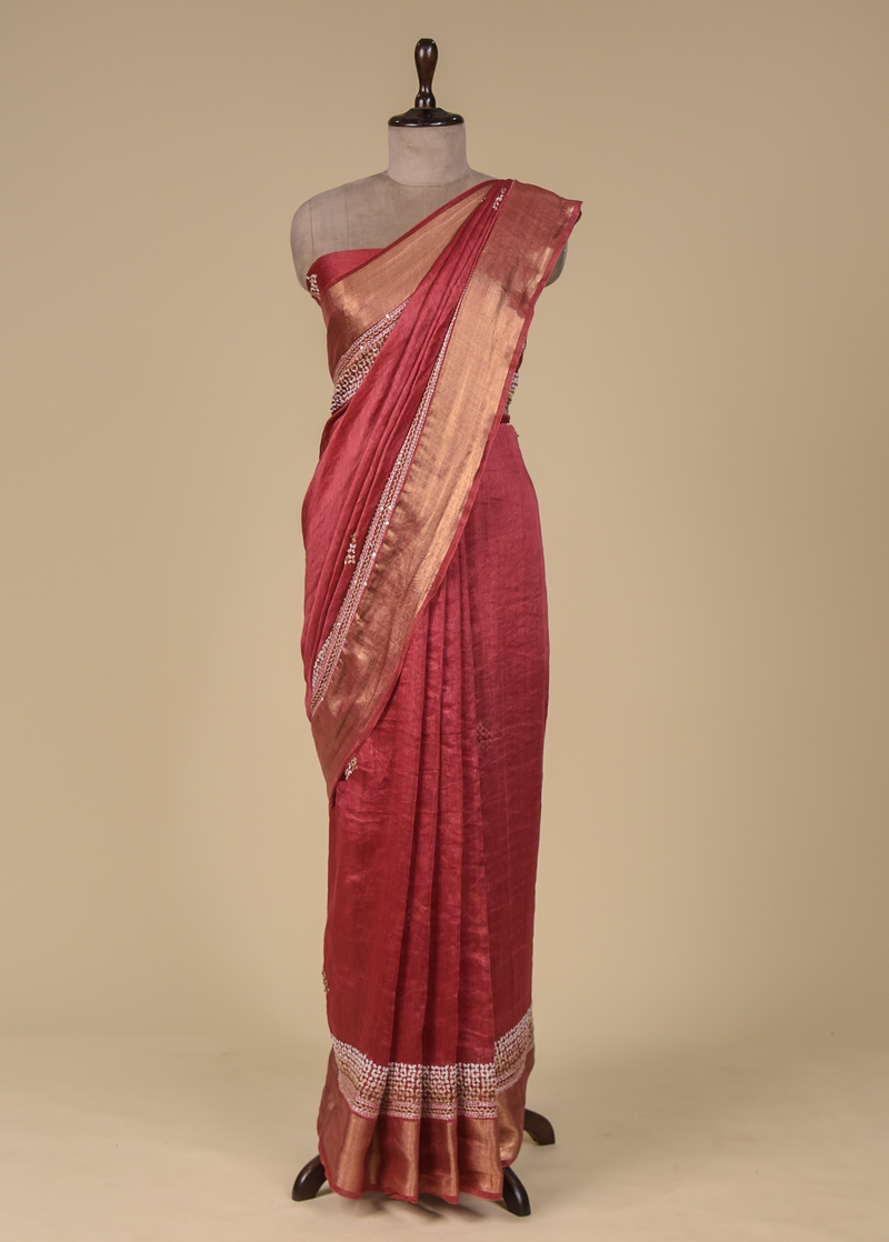 Red Linen Embroidered Saree