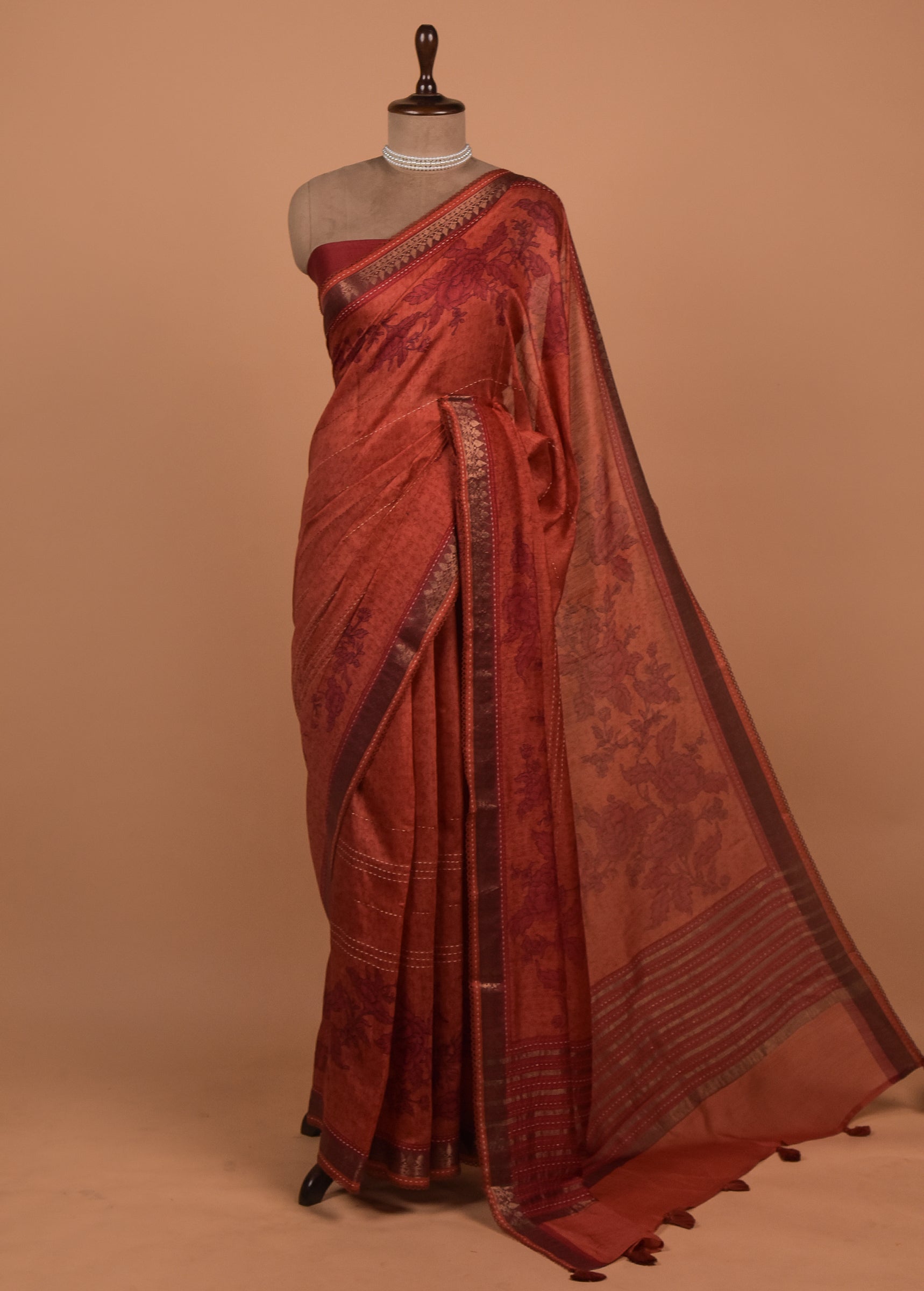 Orange Tussar Printed Saree