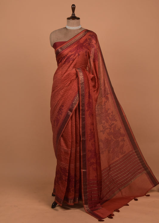 Orange Tussar Printed Saree