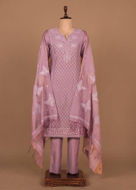 Purple Cotton Silk Straight Set
