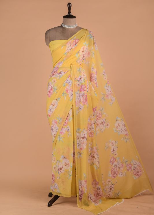 Yellow Chiffon Printed Saree