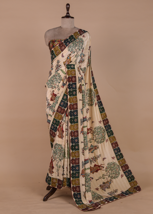 Cream Crepe Embroidered Saree