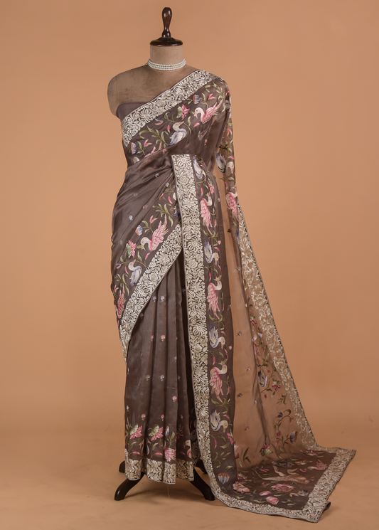 Brown Organza Embroidered Saree