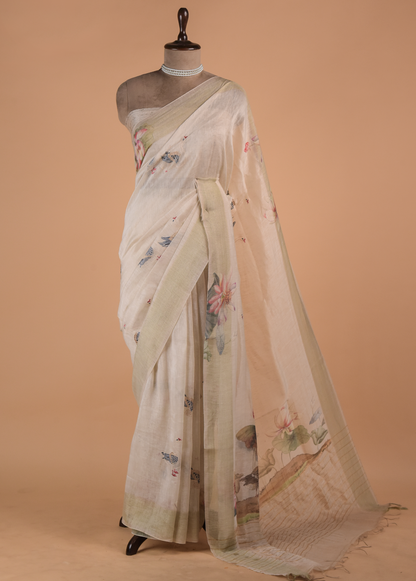 White Linen Embroidered Saree