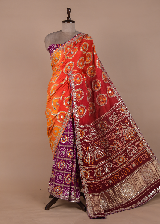 Multicoloured Gajji Silk Bandhani Saree