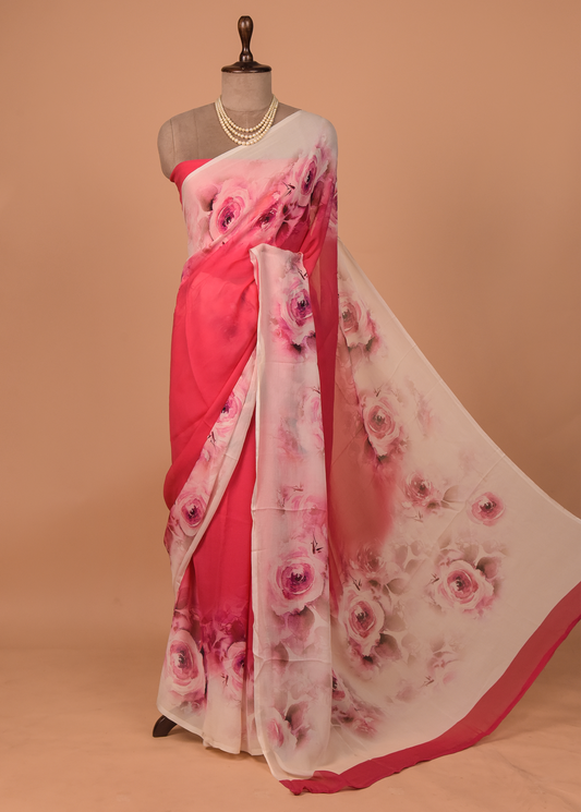 Pink Chiffon Printed Saree