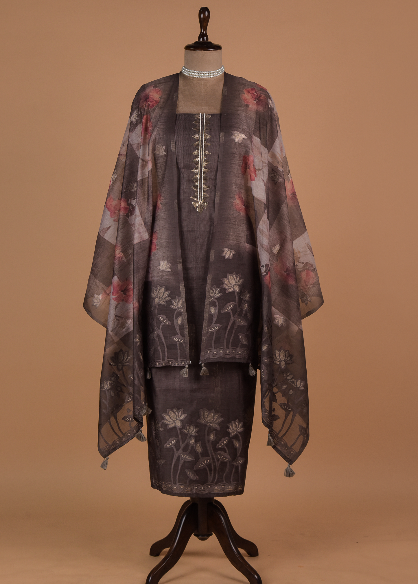 Grey Chanderi Cotton Dress Material