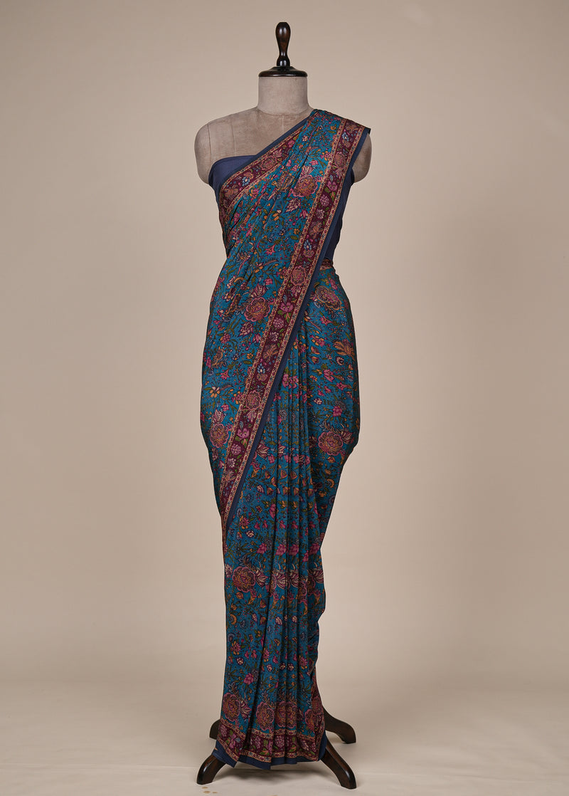 Blue Crepe Printed Saree