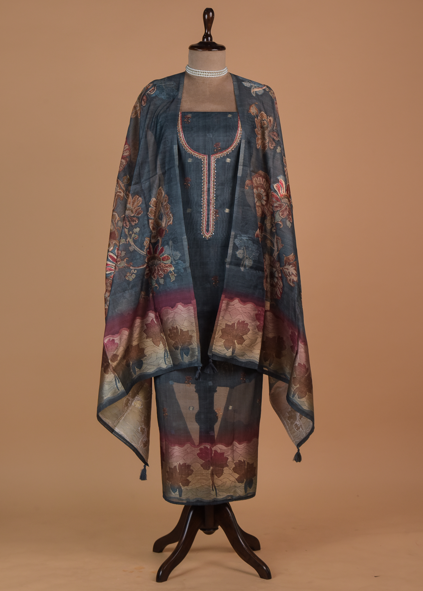 Blue Chanderi Cotton Dress Material