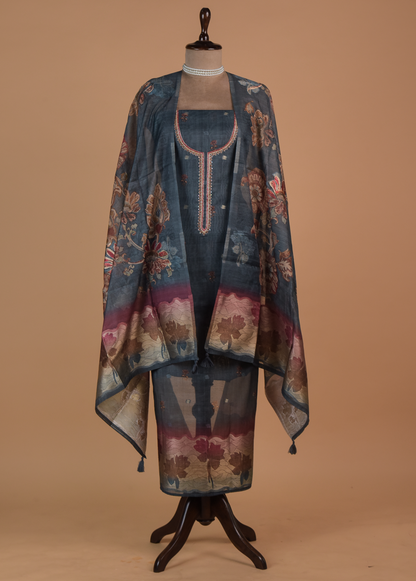 Blue Chanderi Cotton Dress Material