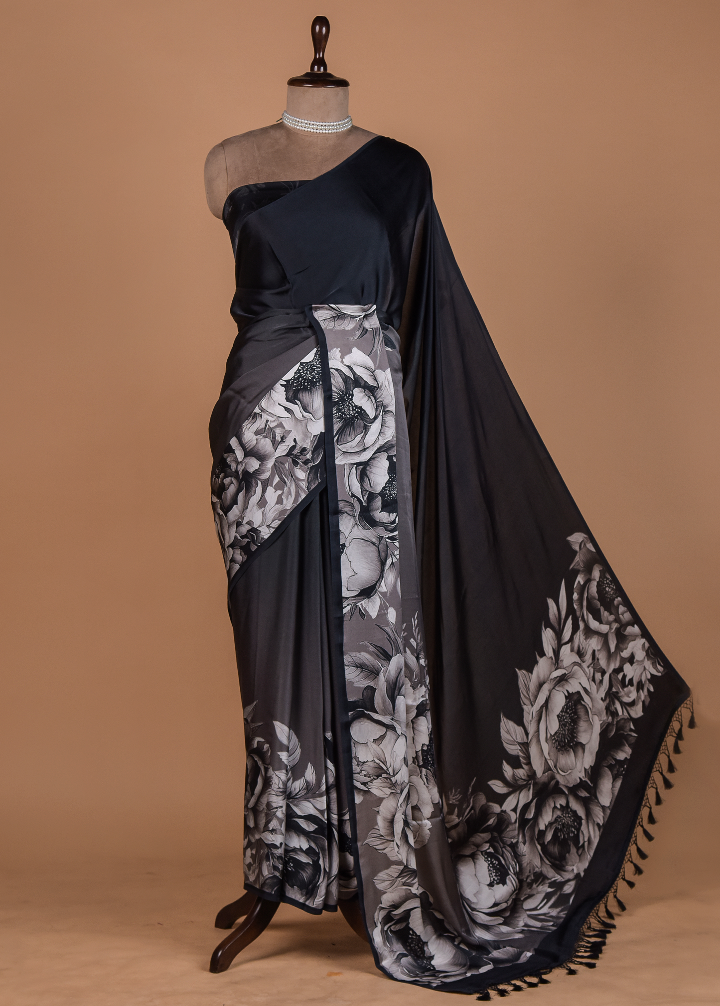 Black Satin Printed Saree