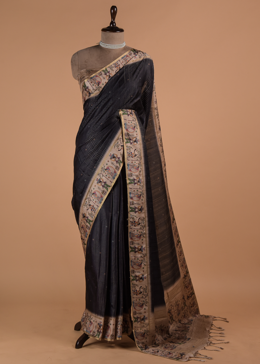 Blue Cotton Tussar Printed Saree