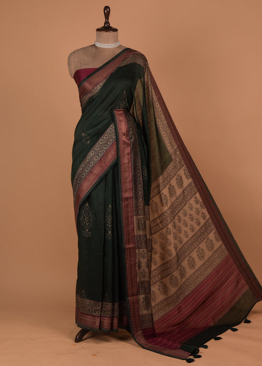 Green Tussar Printed Saree