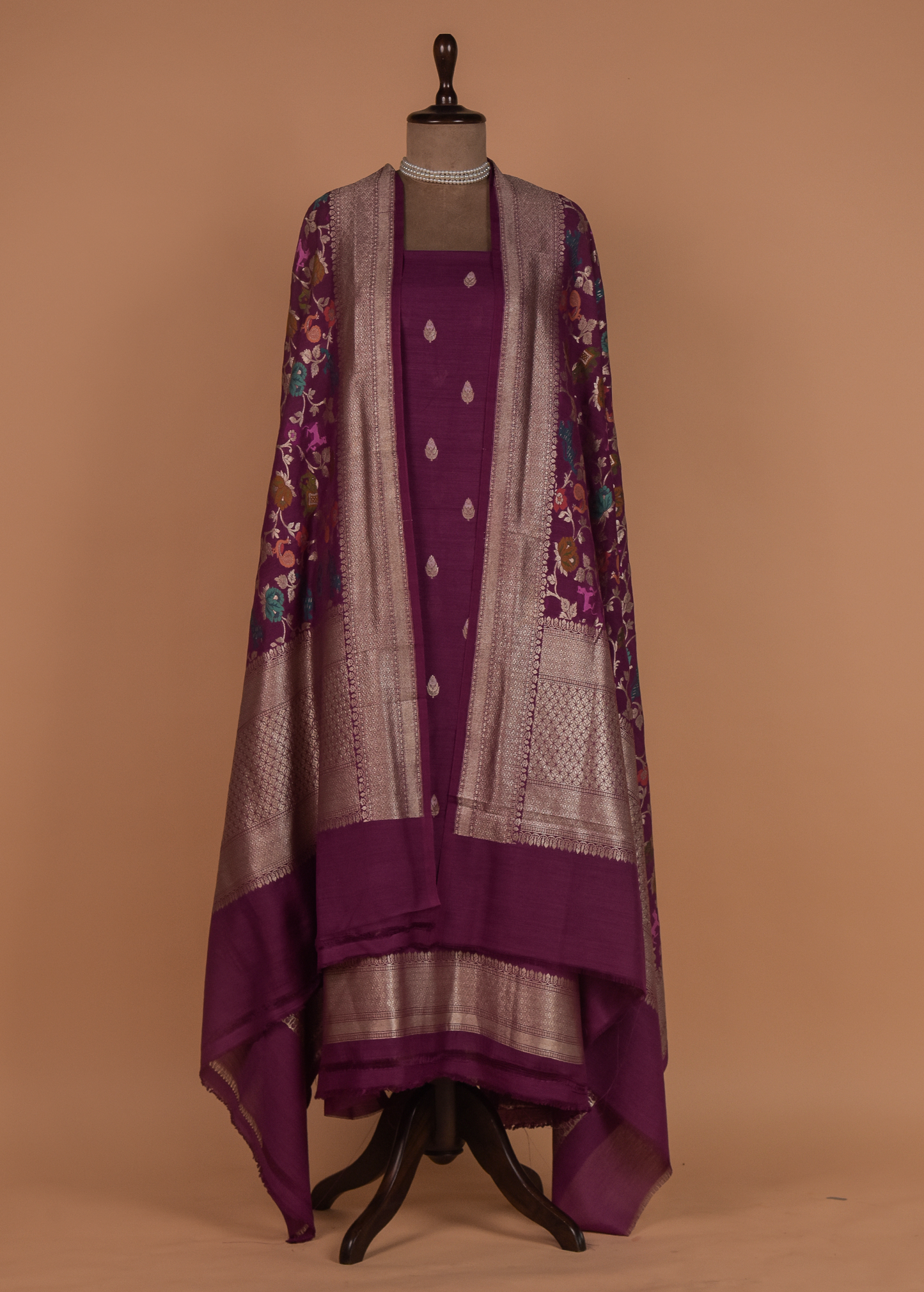 Wine Munga Tussar Silk Dress Material