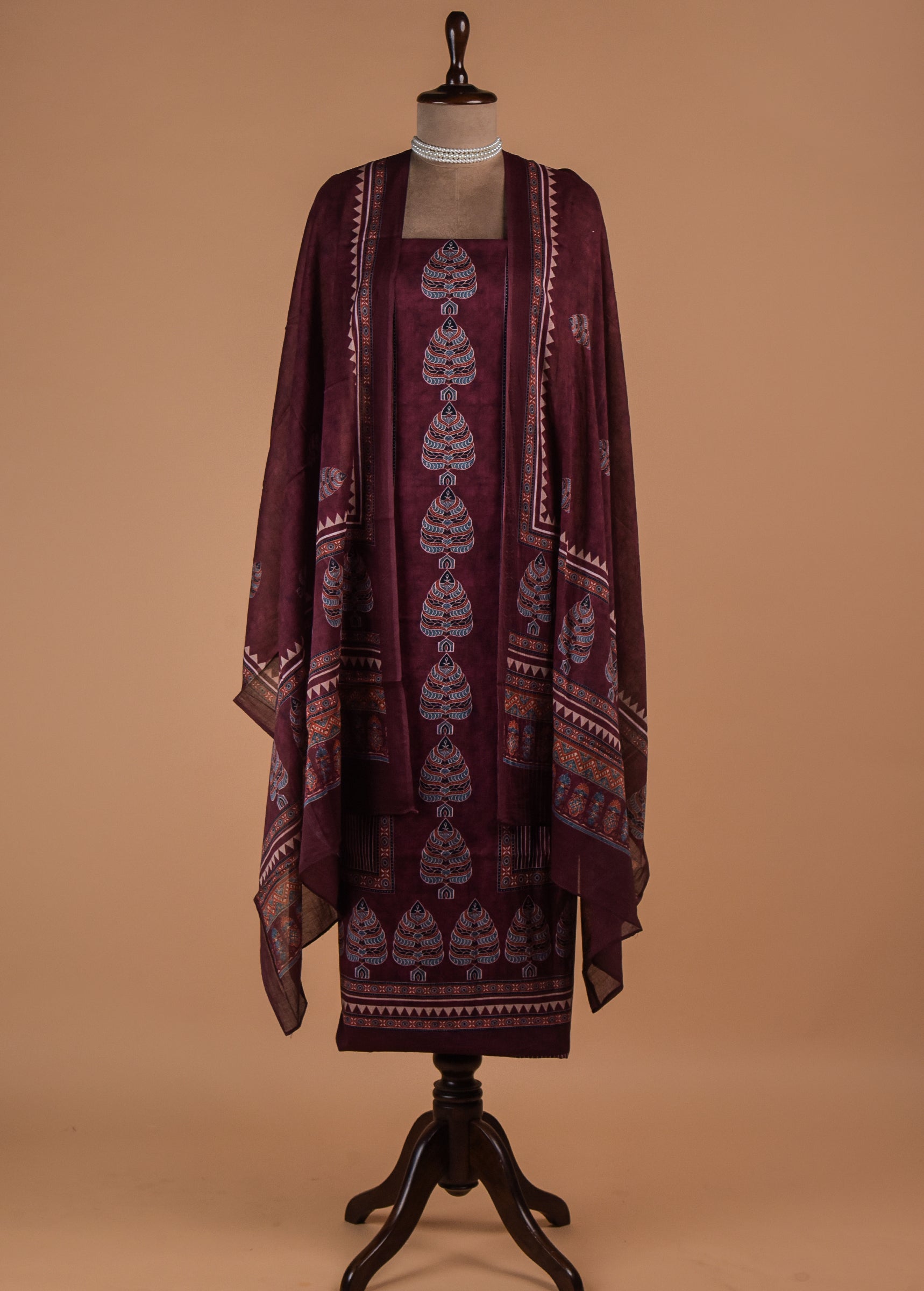 Wine Chanderi Cotton Dress Material