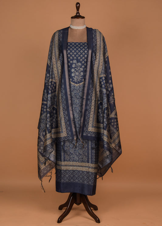 Blue Tussar Cotton Dress Material