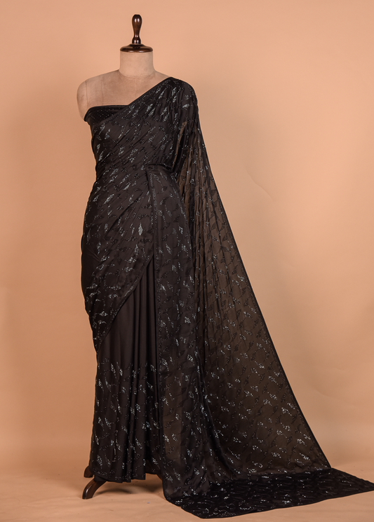 Black Satin Embroidered Saree