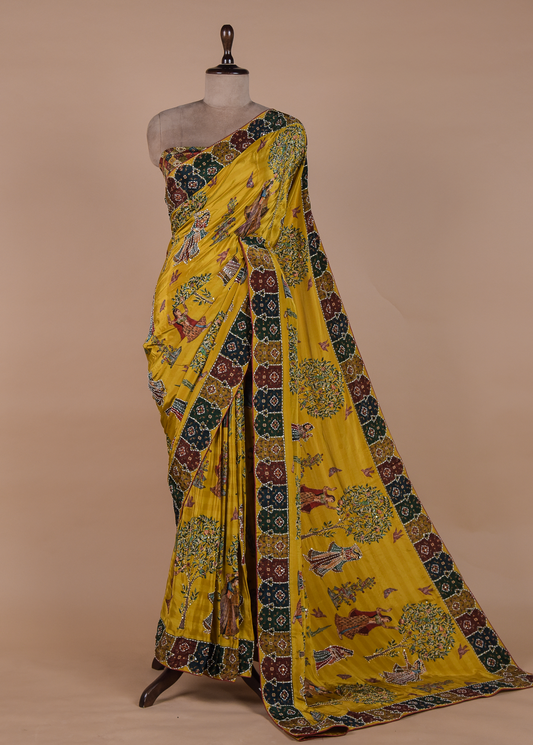 Yellow Crepe Embroidered Saree