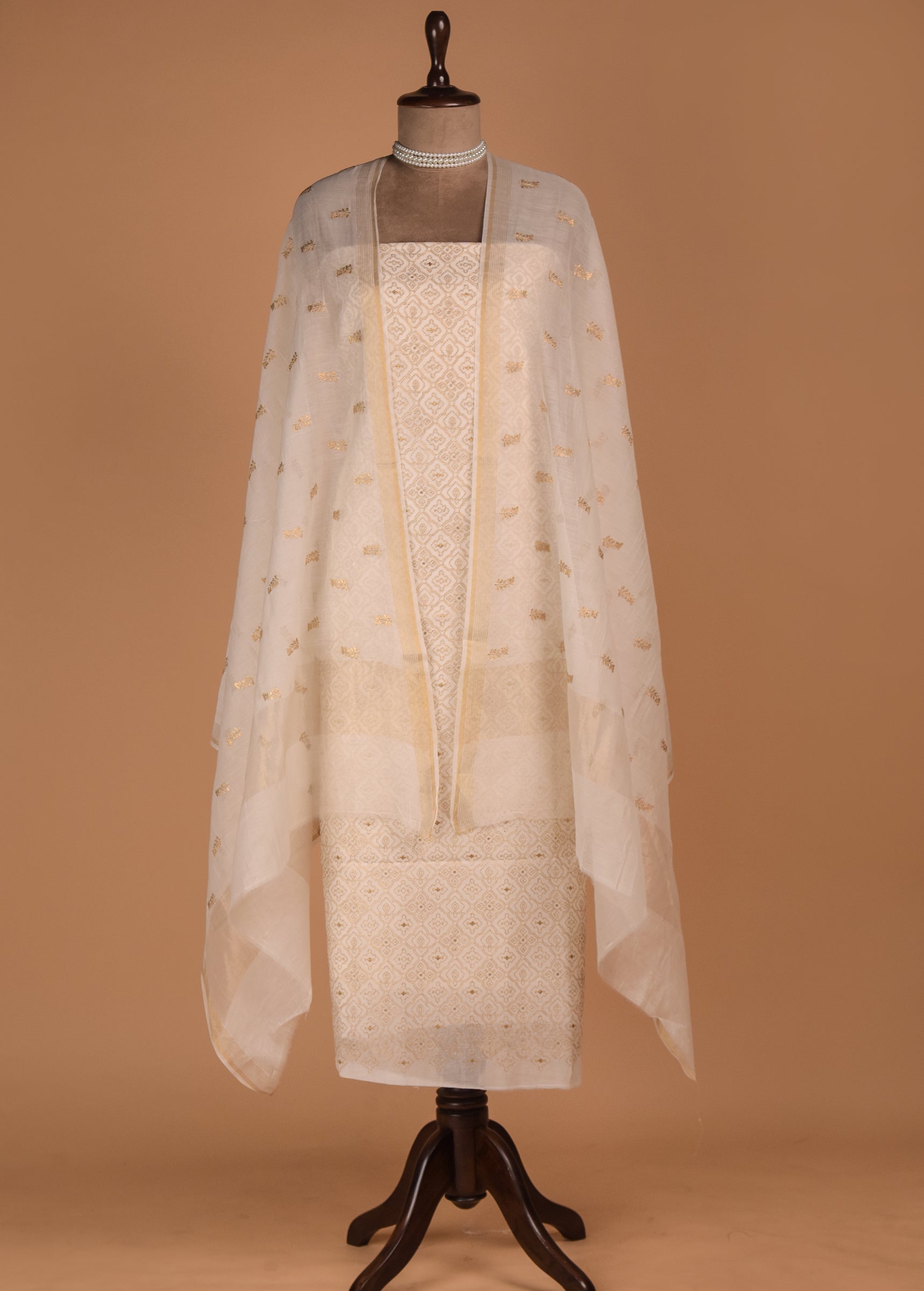 White Mul Chanderi Dress Material