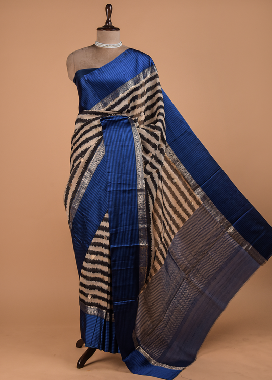 Multicoloured Tussar Printed Saree
