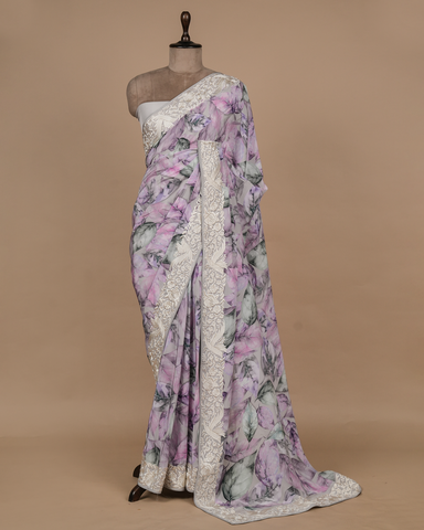 Grey Crepe Printed Saree