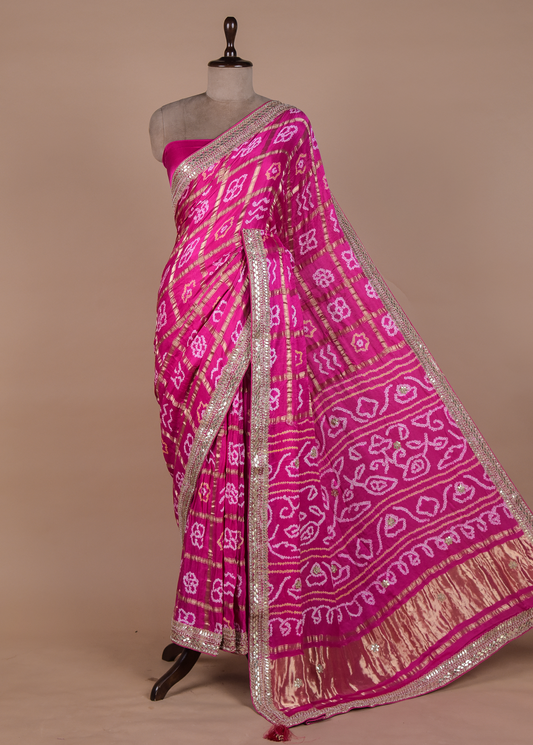 Pink Gajji Silk Bandhani Saree