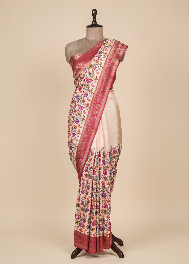 Cream Crepe Silk Embroidered Saree