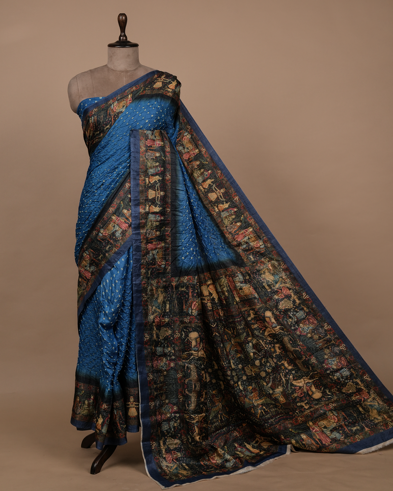 Blue Tussar Bandhani Saree