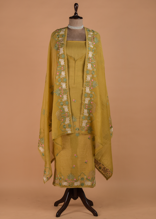 Yellow Muslin Chanderi Dress Material